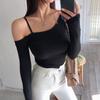 Модная новая сексуальная футболка с длинным рукавом и открытыми плечами для женщин, элегантные облегающие женские базовые футболки, повседневные элегантные однотонные женские футболки с разрезом по горловине 26004