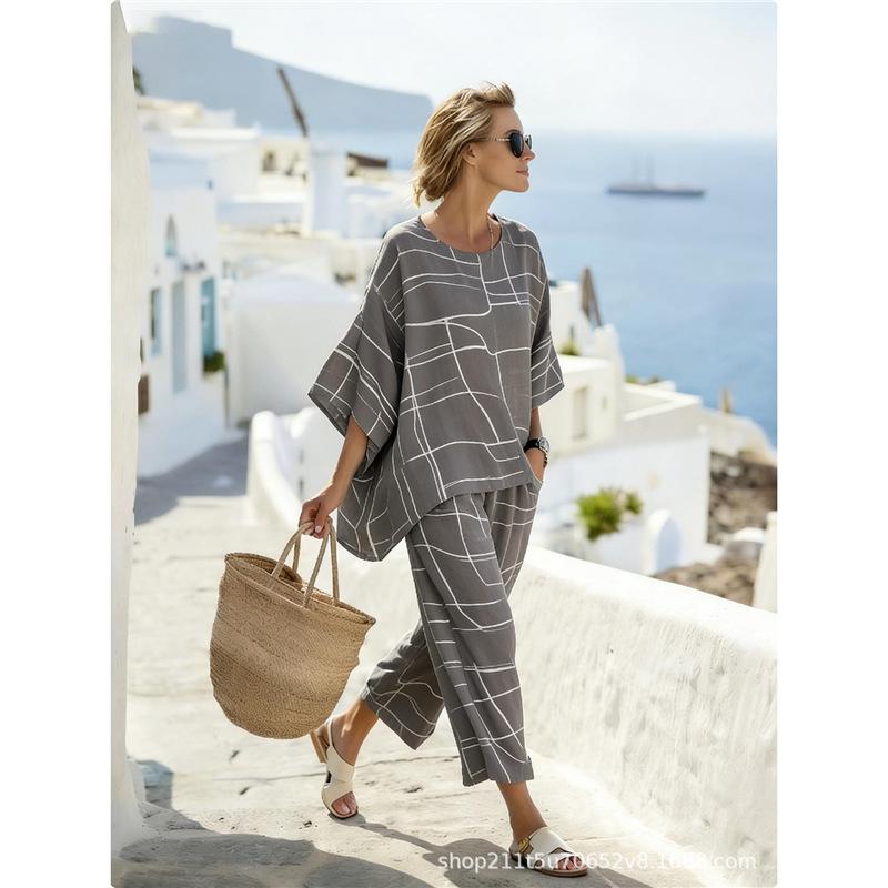 Comfortable seven-quarter sleeve two-piece set Bohemian women's clothing printed casual suit European and American
