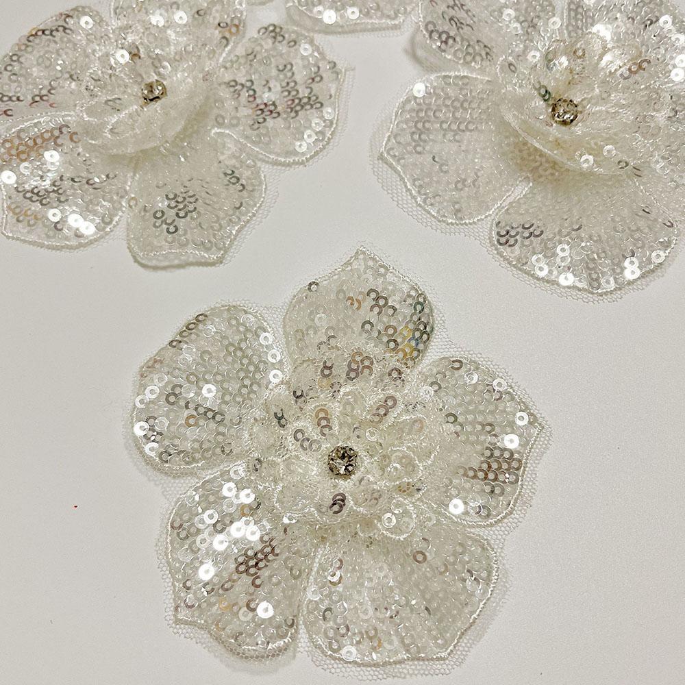 2Pcs Black White 3D Beaded Lace Patches Sequins Flower Clothing Patch Decoration Applique