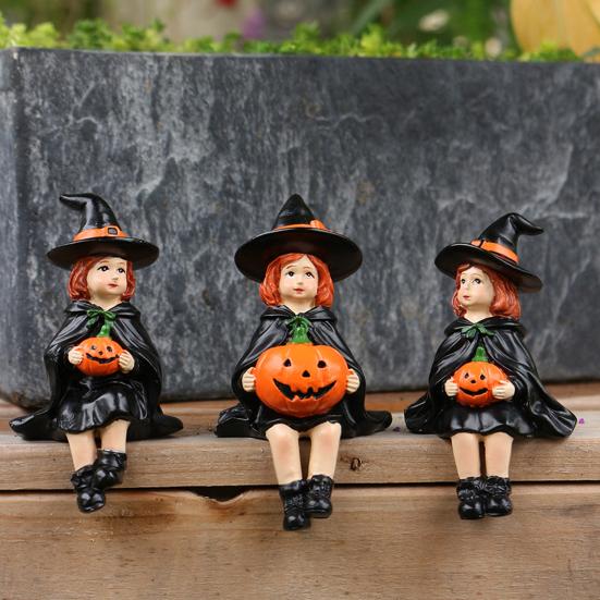 2Pcs Pumpkin Witch Figurines Witch Holding Skull Balloon Ornament Cartoon Witch Statues for Halloween Miniature Scene Props