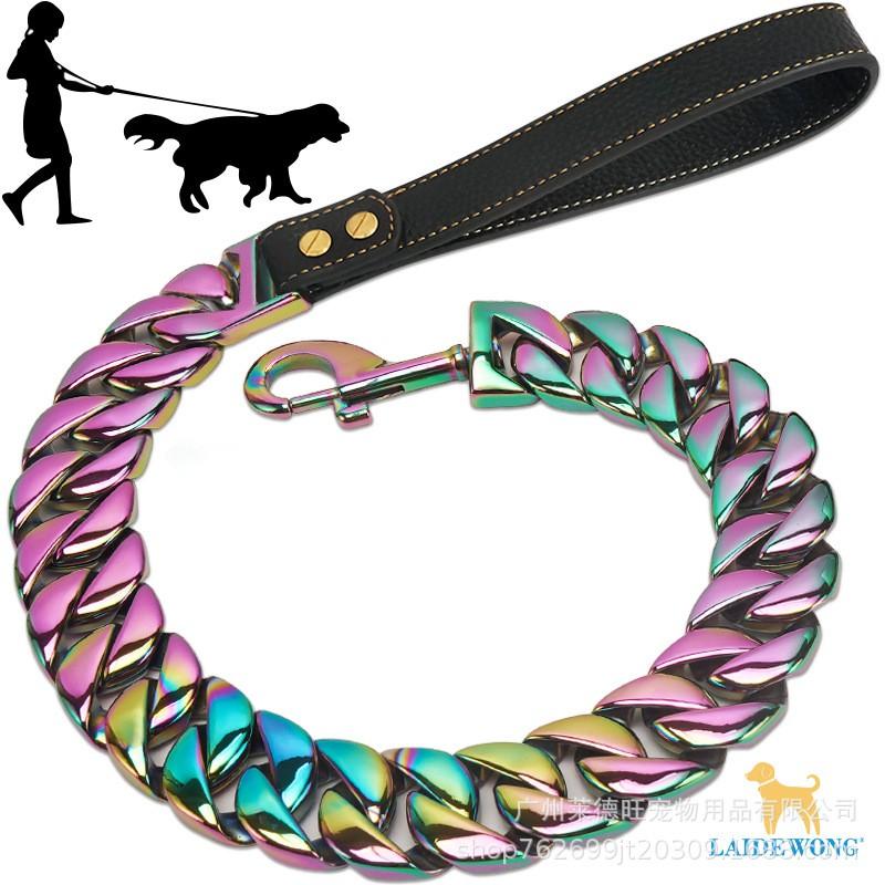 Heavy Duty 32mm Cast Stainless Steel Dog Leash Chain With Leather Handle Polished Anti-Bite Traction Lead Large Dogs