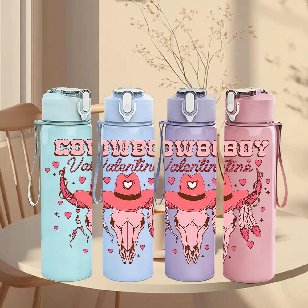 1PC Cowboy Hat Rose Valentine 750ml Color Plastic Sports Water Bottle Leakproof Flip Straw Lid Suitable for Sports Office Home Use