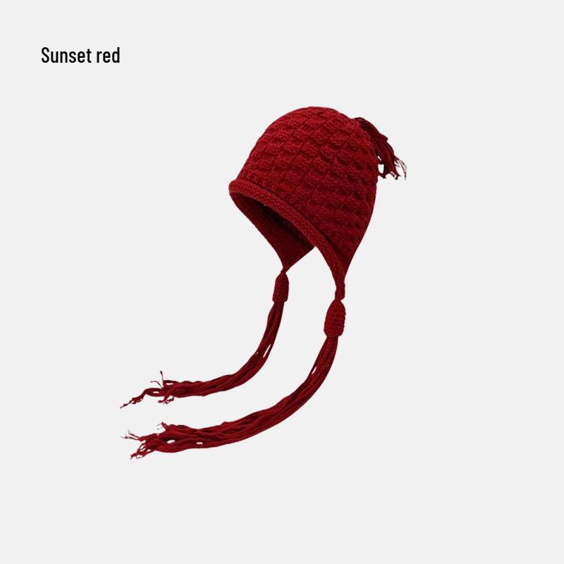 Festive Red Tassel Beanie - Women's Autumn/Winter Ear Protection Hat for Christmas and New Year