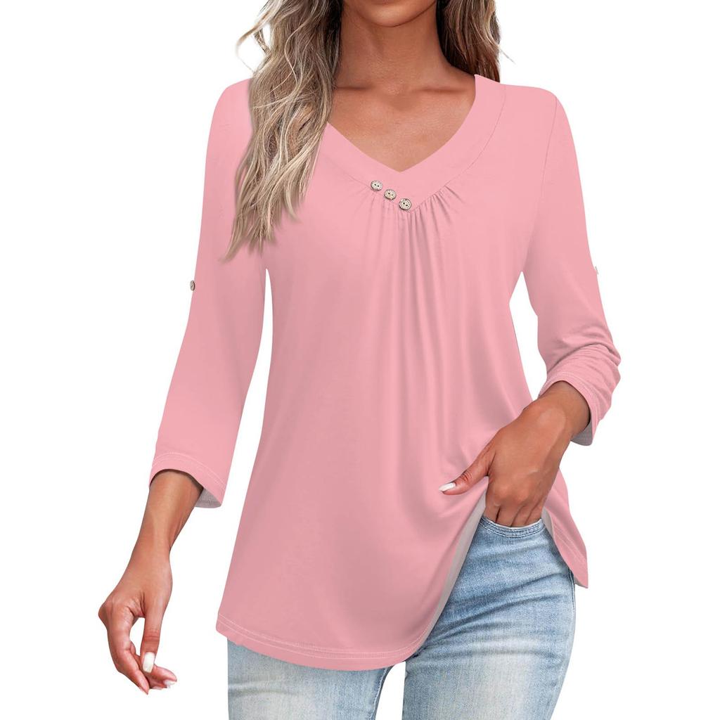 Shirts For Women Trendy V Neck Button T Shirts Casual Solid Color Summer Tees T Shirt Blouse Three Quarter Sleeve Tops For Women