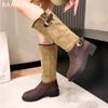Замшевые женские высокие сапоги на среднем каблуке модная обувь женская 2025 тренд зимняя дизайнерская брендовая готическая повседневная прогулочная удобная панк-женская обувь