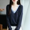 Women S V Neck Fake Two Piece Knit Sweater Long Sleeve Casual Top