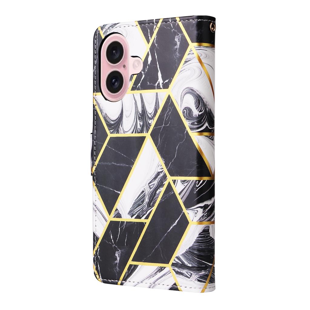 For iPhone 17 Case Lacquered Marble Pattern Leather Phone Cover with Wrist Strap