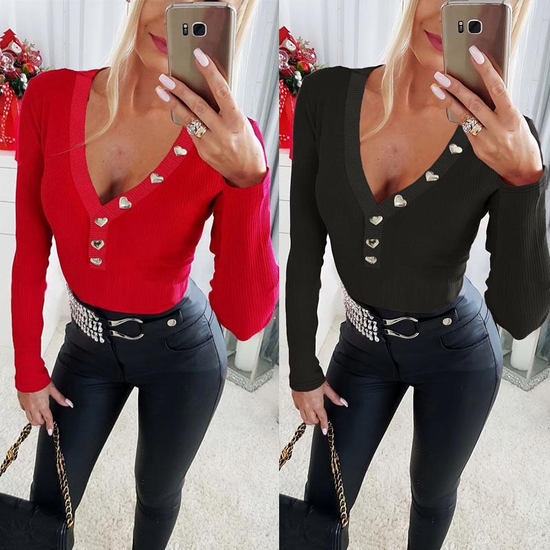 Женская футболка бодикон с V-образным вырезом и пуговицами, европейско-американский стиль, осень/зима 2024