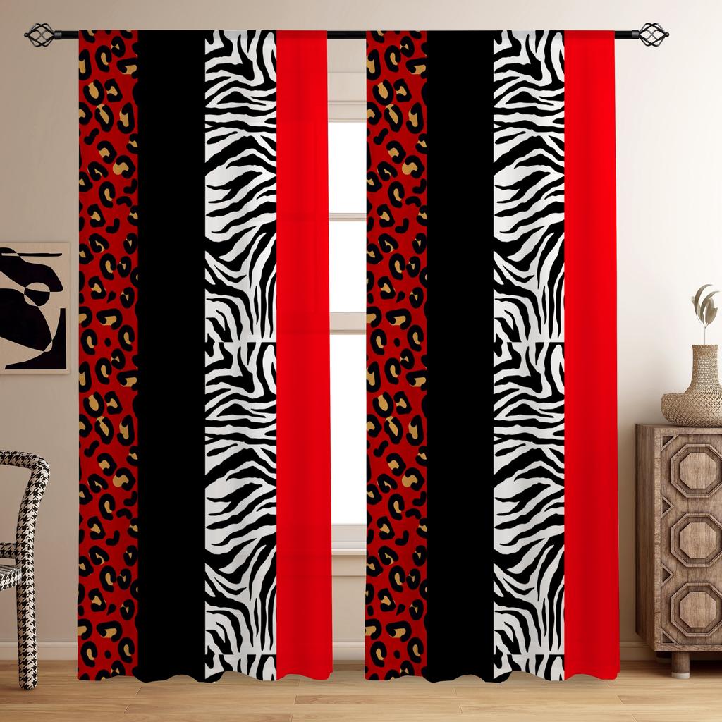2 шт. - Шторы в красную полоску и с леопардовым принтом - С дизайном кулиски, подходят для украшения гостиной, спальни и игровой комнаты