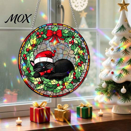 Colorful Holiday Porch Ornaments Christmas 2D Acrylic Suncatcher, Stained Glass Style Black Cat Window Hanging, Festive Door Sign Hanging Plaque with