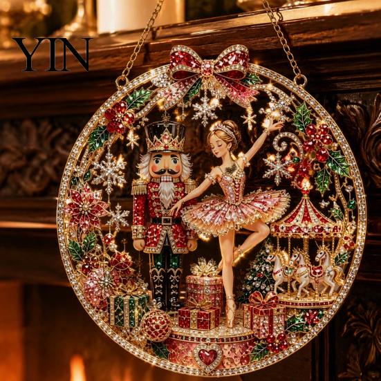 Holiday Art Decoration Christmas Faux Diamond Ornament Kit, Santa Angel Sun Catcher DIY Acrylic Detailed Printed Symbol Design Round Board,