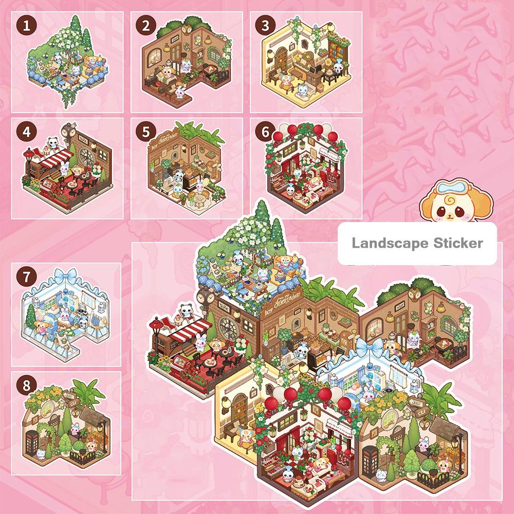 Creative Cartoon Mini 3D Landscape Sticker Book PET DIY Sticker Cabin Scene Miniature House Cabin Scene Pocket Sticker for Kids