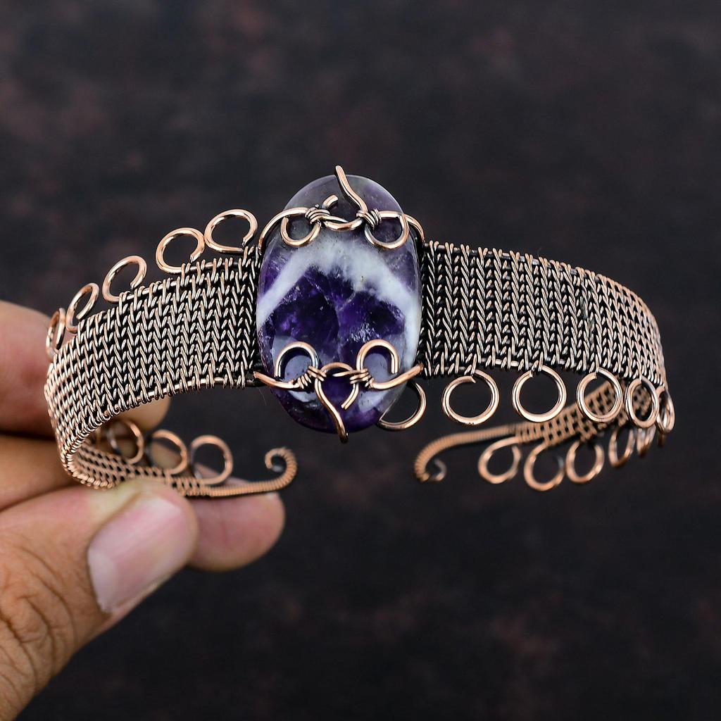 Chevron Amethyst Gemstone Cuff Bracelet Copper Wire Wrapped Bangle Adjustable Cuff Bracelet Copper Wire Jewelry Gift For Mom Handmade Bangle