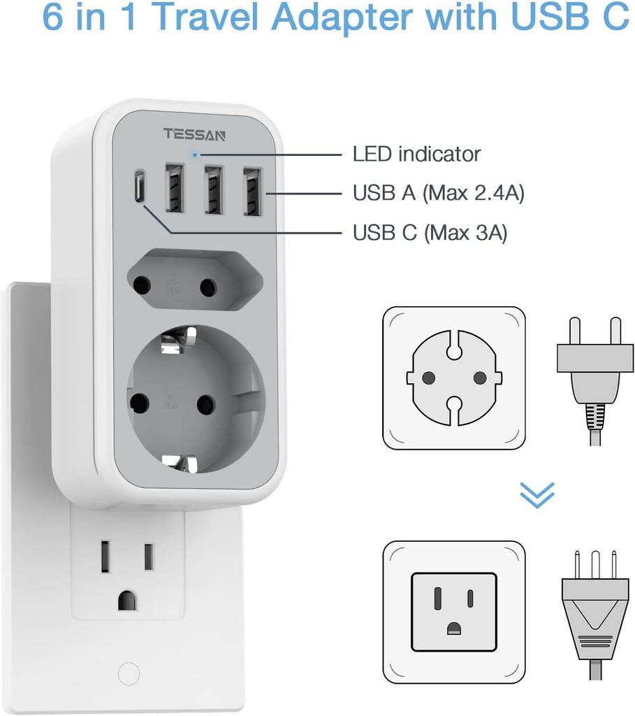 Tessan Socket Adapter USA Canada France with 3 USB and 1 USB C,Socket Adapter EU To USA, Socket Adapter EU To Canada Mexique Thailande,Type B