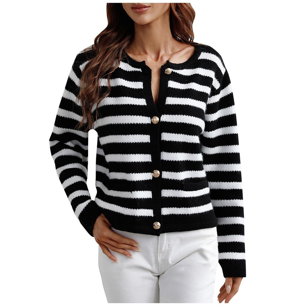 Women's Autumn And Winter Button Striped Knitted Cardigan Long Sleeve Sweater