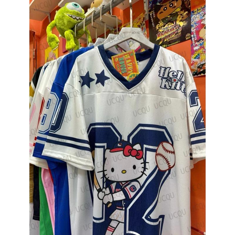 Hello Kitty Tshirt Fashion Sportswear Women Men V-neck Loose Lightweight Breathable Streetwear Cosplay Women Men Tops