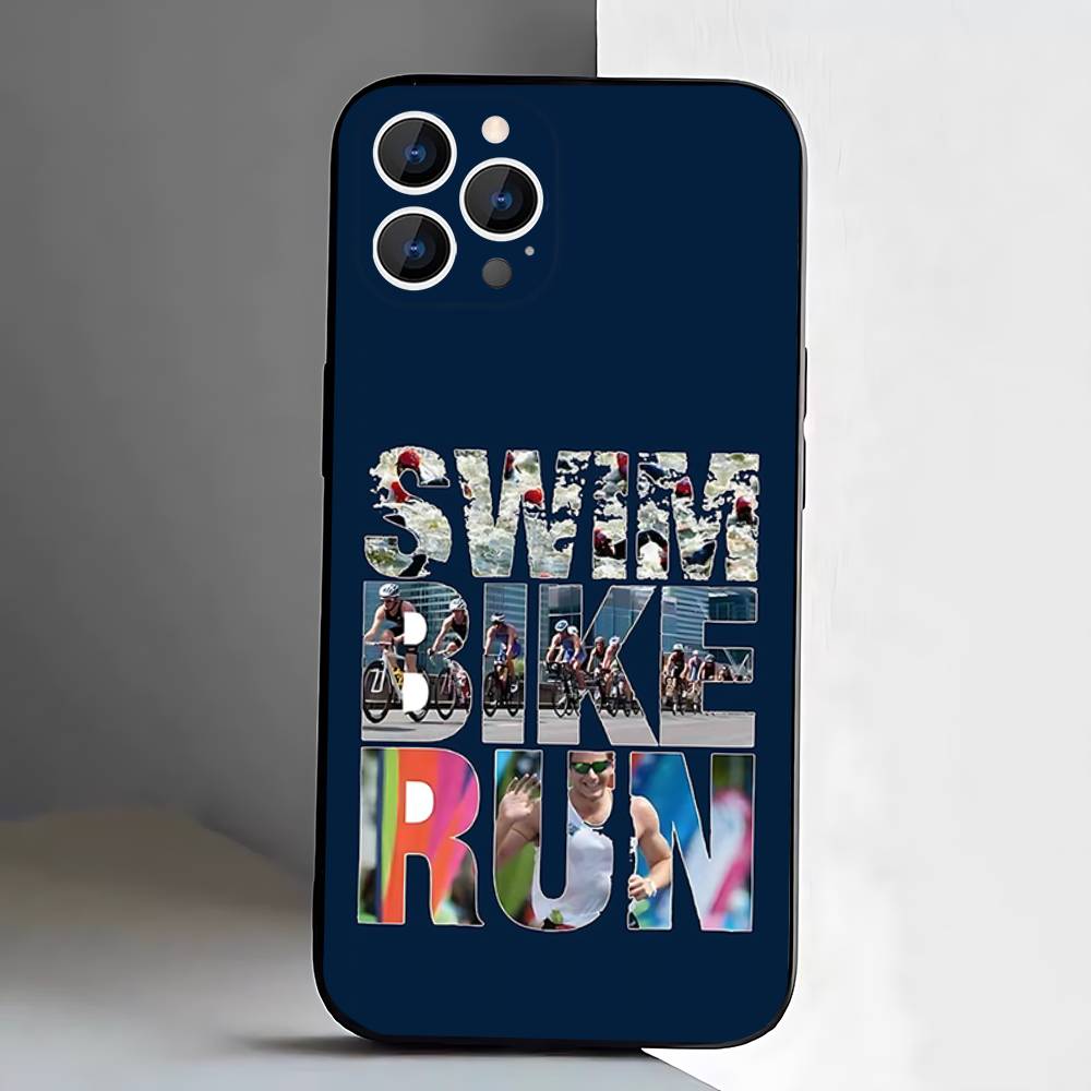 Чехол для iPhone 17,16,15,14,13,12,11 Air,Plus,Pro Max,XS,X,XR,SE,Mini,8,7 с принтом Триатлон Плавание велосипед бег, Мягкий силиконовый черный чехол