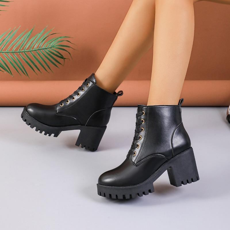 Women's Shoes High Quality Lace Up Women's Boots Winter Round Toe Solid Short Barrel Chunky Heel Fashion Boots Zapatos De Mujer