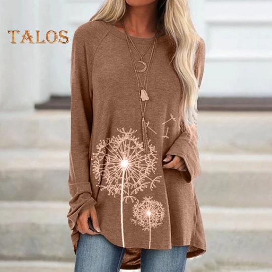 Женская туника больших размеров с принтом одуванчика, удлиненная рубашка с круглым вырезом и длинными рукавами, футболка-пуловер свободного кроя для работы, повседневной жизни