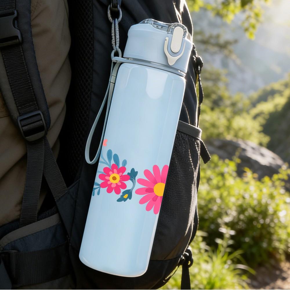 1PC Colorful Floral Garland 750ml Color Plastic Sports Water Bottle Leakproof Flip Straw Lid Suitable for Sports Office Home Use