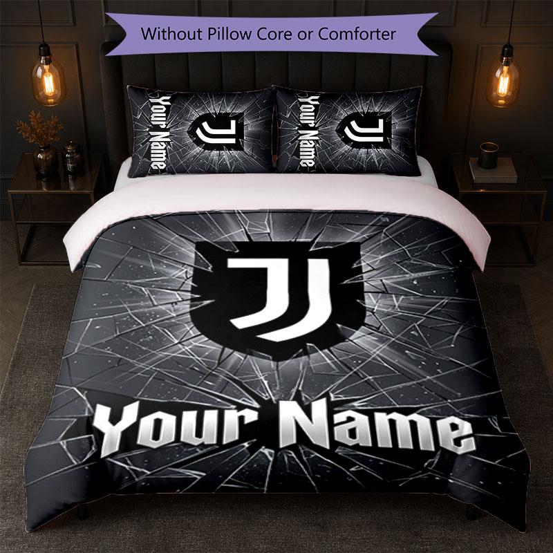 Juventus FC Custom Name Text Bedding Set 1 Duvet Cover+2 Pillowcases Soccer Logo Personalized Gift For Special Occasion Bedroom Decor
