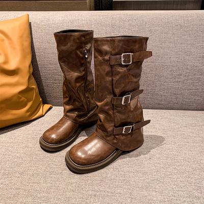 Ретро ботильоны с круглым носком, блочным каблуком и ремешком с пряжкой, женские новые ботильоны на высокой платформе, узкие ковбойские ботильоны в западном стиле