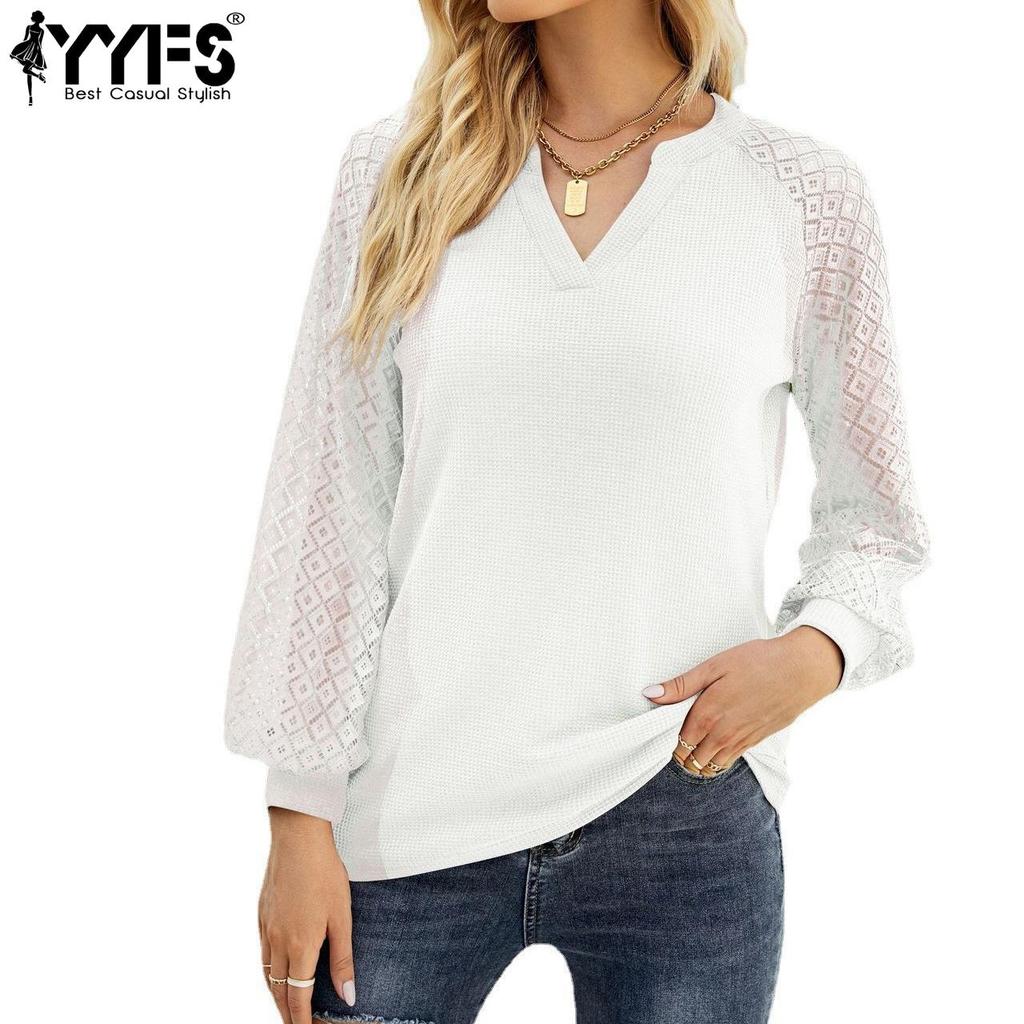 YYFS Женские модные повседневные осенне-зимние однотонные блузки и рубашки с v-образным вырезом и длинным рукавом с принтом