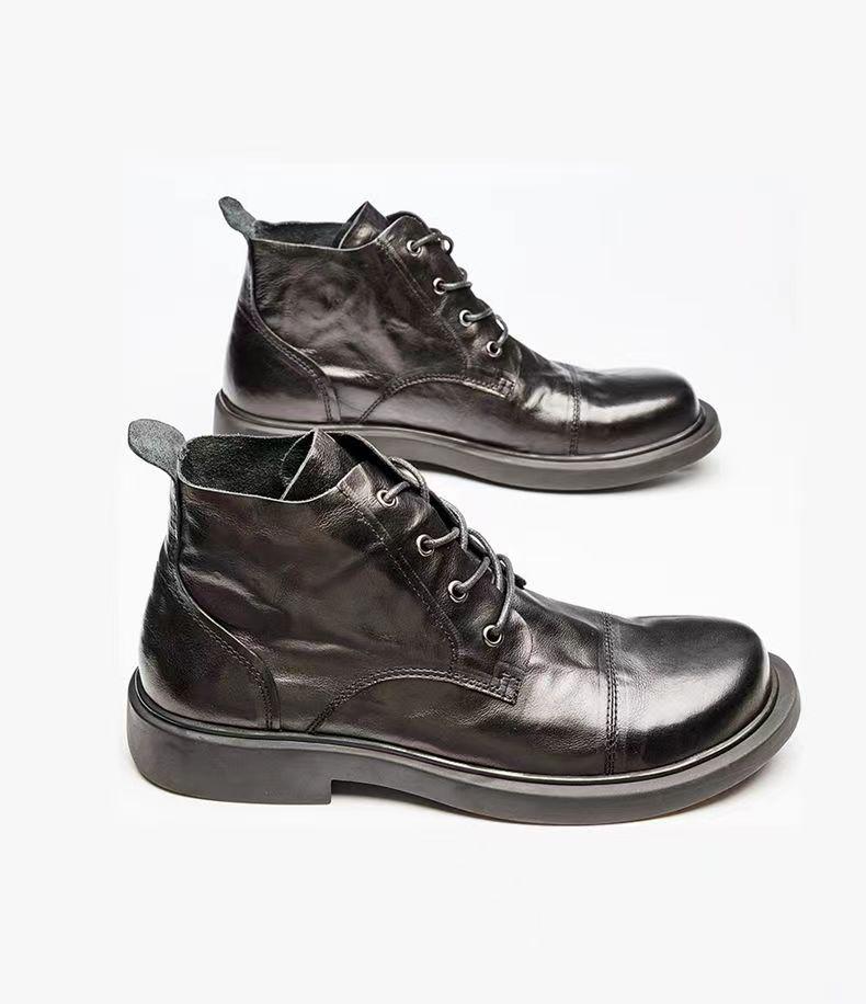 Men's Spring Leather Round-Toe Boots, Comfortable Wear-Resistant High-Top Shoes, Versatile British-Style Large-Size Mid-Top Martin Boots.