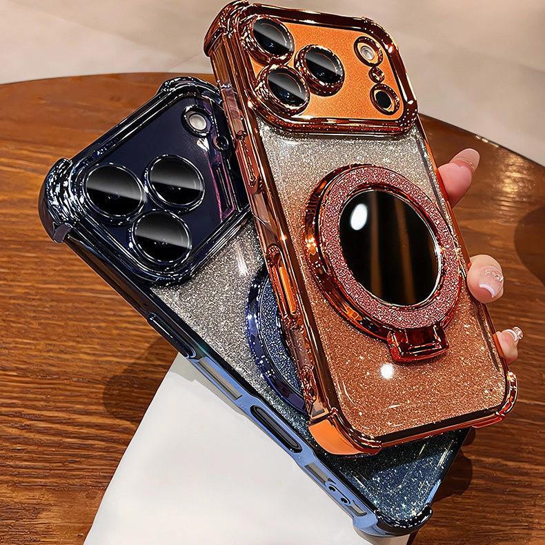 Совместимый с iPhone 17/16 Pro Чехол-зеркало для макияжа с блестками и магнитной подставкой, Защита от падения с подушкой безопасности для iPhone 14/15.