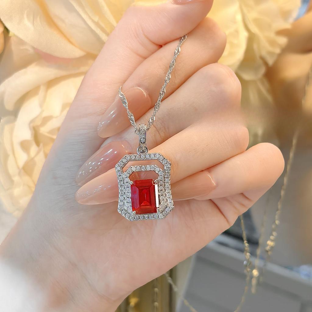 Autumn and Winter New Square Red Corundum Pendant Jewelry Set Retro High-end High-carbon Diamond Stud Earrings Necklace Women