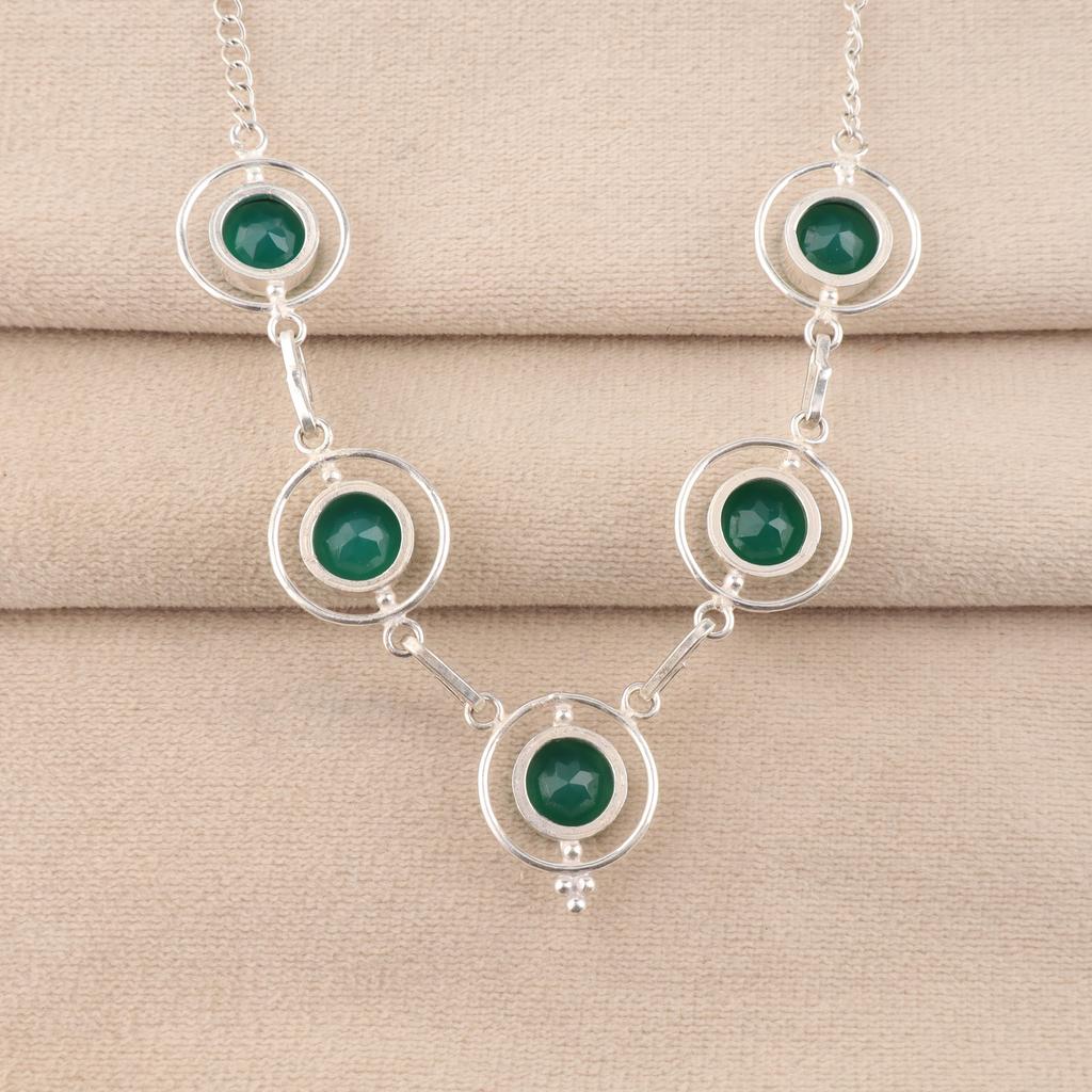 Green Onyx Gemstone Silver Necklace, 925 Sterling Silver Elegant Women Necklace, Partywear Jewelry RN-2-17