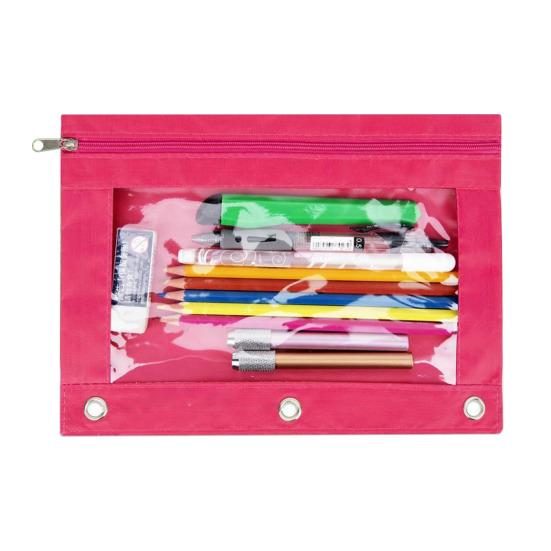 Пенал большой емкости с 3 кольцами, прозрачным окошком, застежкой-молнией и ручкой
