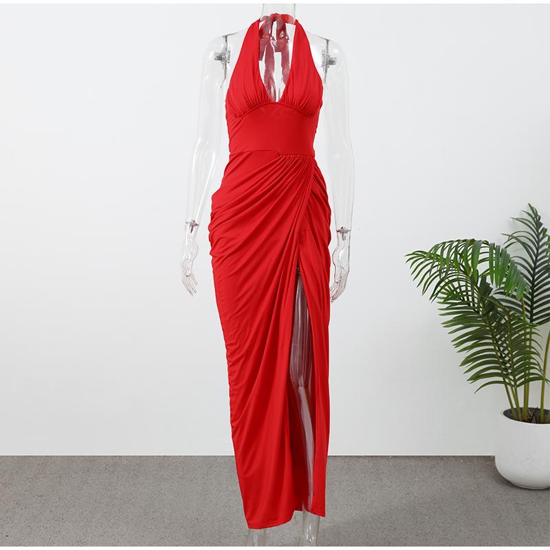 Sexy Solid Pleated Halter Dress Women Fashion Sleeveless Backless Waist-cinching Split Maxi Dresses Summer Lady Party Gowns