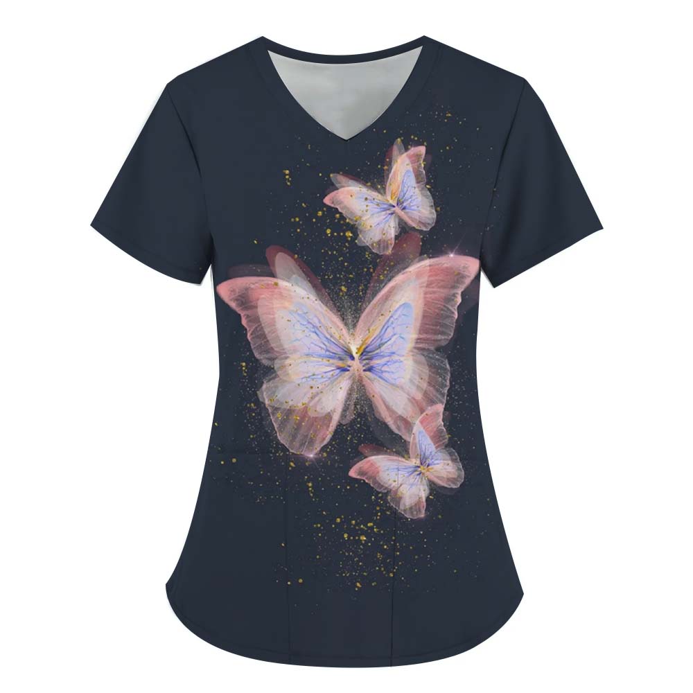 Хирургический костюм женский с принтом 3D-элементов бабочек, V-образным вырезом, карманами для медсестер, ветеринарная рабочая одежда, медицинская форма для женщин