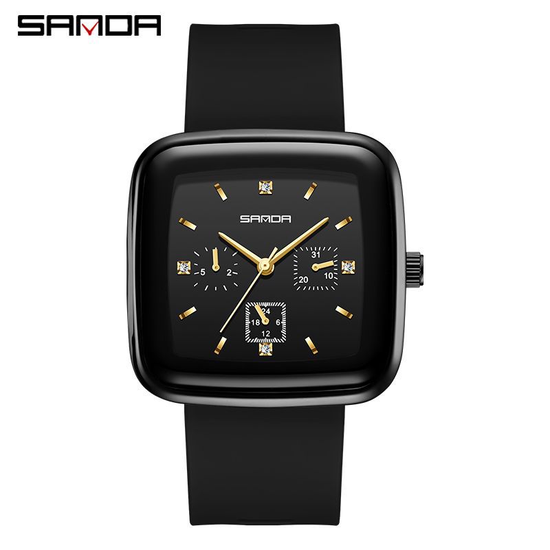 SANDA Новые квадратные кварцевые часы с шестью швами, мужские и женские часы, модные силиконовые Plaza, креативные персонализированные кварцевые часы