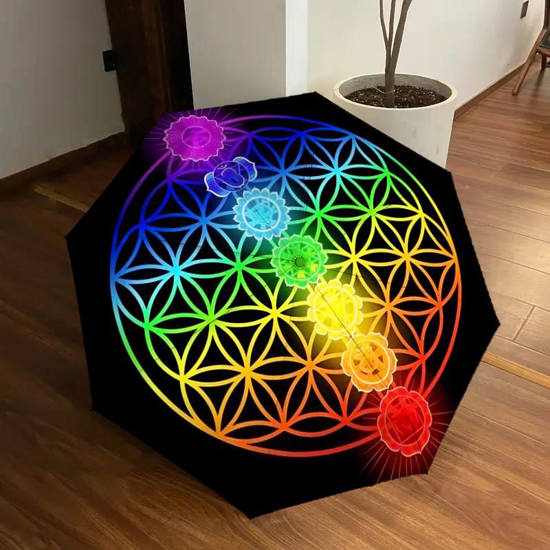 1pc Chakra Flower of Life Mandala Umbrella with Plastic Handle,Suitable for All Seasons Home Travel Outdoor UmbrellaDD210