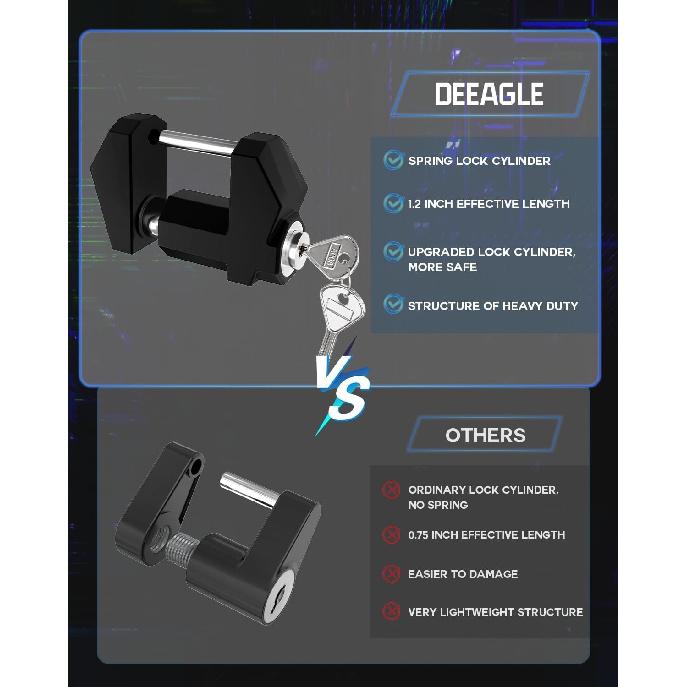 DEEAGLE Trailer Lock, Wide 1.2” Span, 1/4” Dia Trailer Coupler Tongue Lock, Wide Trailer Locks, Boat Trailer Locks For Towing Trailer Security,