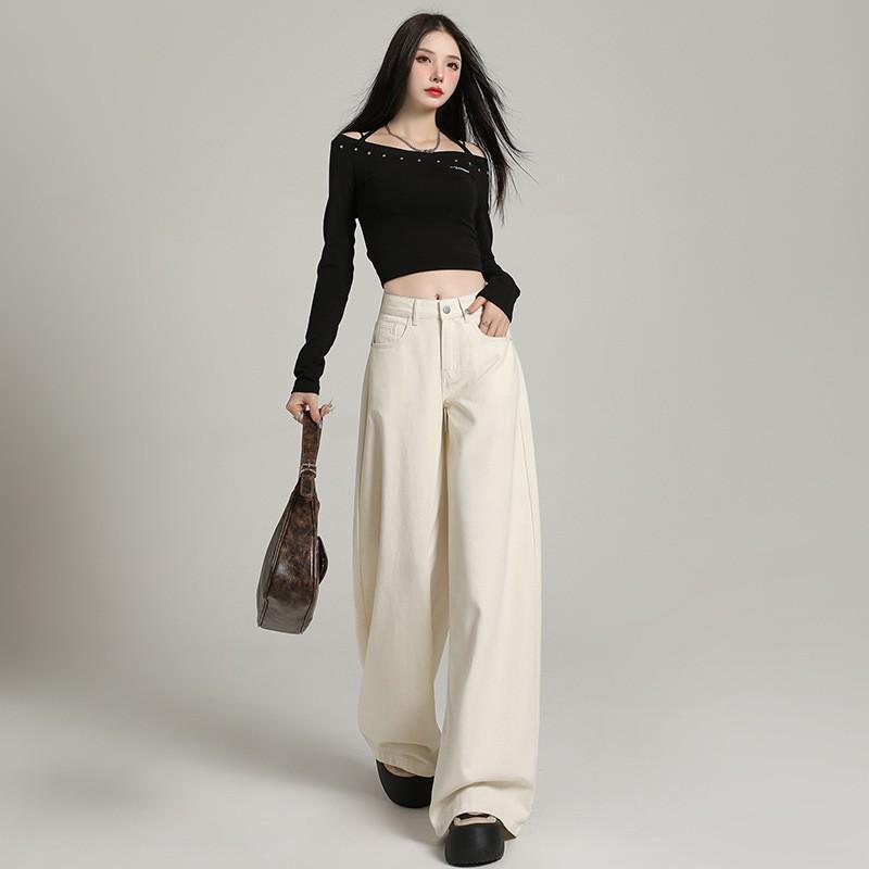 High-Waisted Wide Leg Jeans Women Loose Flowy Cropped Full-Length Denim Trousers Plus Size Comfort Fit