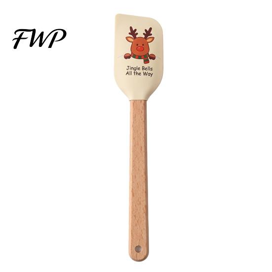 Cookie Dough Mixing Tool Silicone Spatula with Wooden Handle, Christmas Tree/Snowman/Santa Claus/Elk Pattern Kitchenware Tools Decor, Heat Resistant