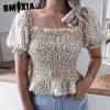Women's Fashion Casual Summer Solid Color Print Long Sleeve Square Collar Blouses & Lantern Sleeve Ruffled Chiffon Top Shirts