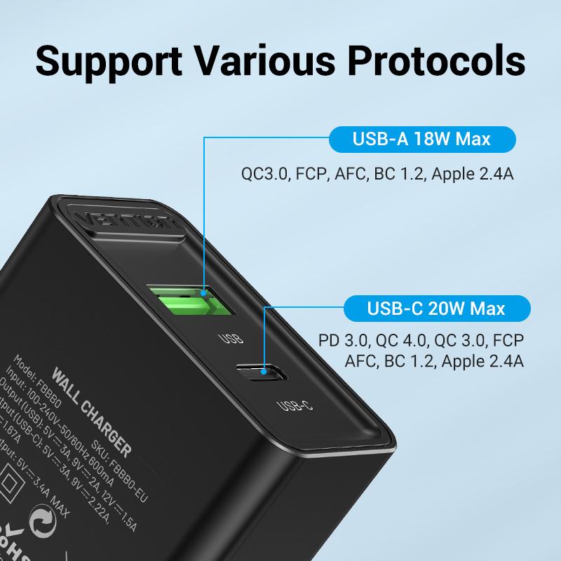 38W Fast USB Charger Vention Type C PD Fast Charging for iPhone 13 11 USB Quick Charge with QC 4.0 3.0 USB Portable Phone Charge