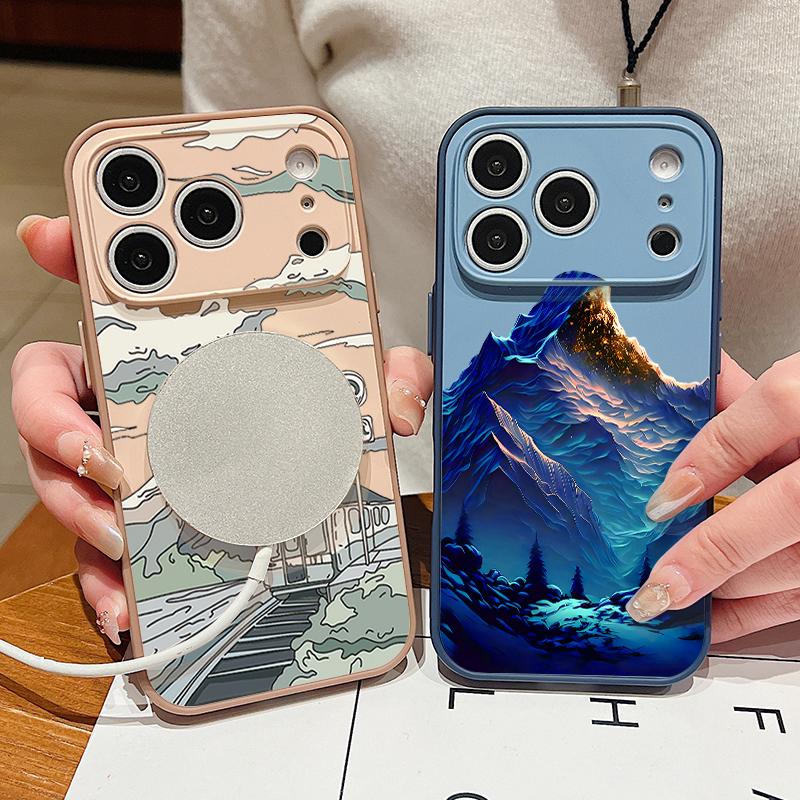 Чехол с узором «Пейзаж снежной горы» для iPhone 17 Pro Max Магнитный для Magsafe Гибридный Тонкий Матовый Чехол для iPhone 16 15 14 13 Pro Max
