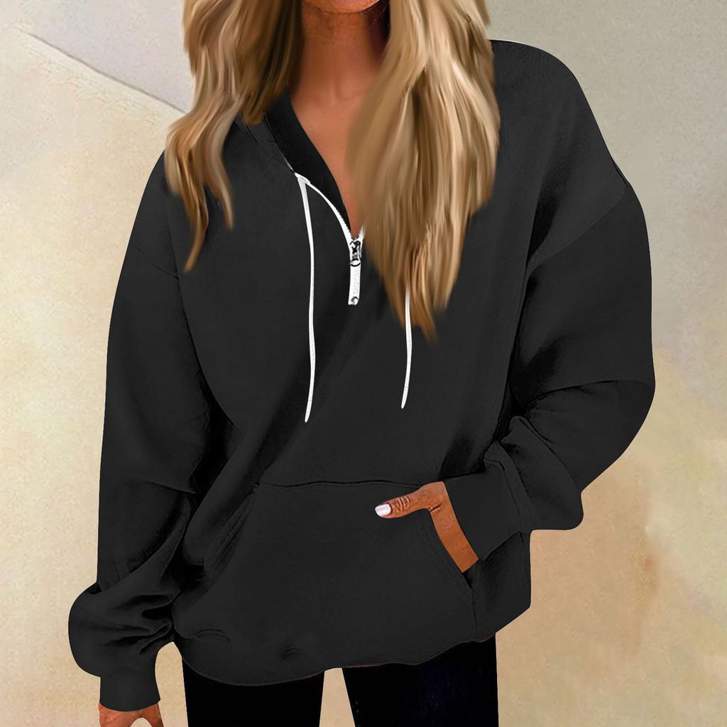 Women's Casual Fashion Long Sleeve Solid Color Zip Pullover Hoodies Sweatshirt Top