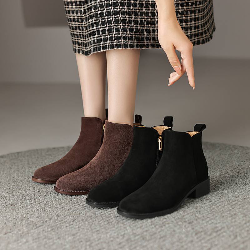 Krazing Pot Зимние ботинки челси из коровьей замши с круглым носком на среднем каблуке, женские ботильоны на молнии, большой размер 43, базовый дизайн