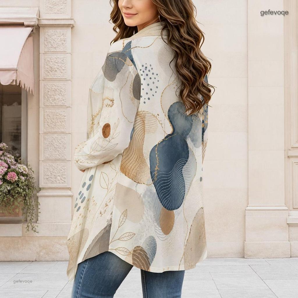 Women s Plus Size Open Front Draped Collar Long Sleeve Geometric Printed Curved Hem Cardigan