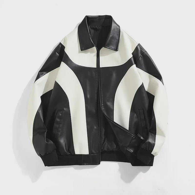 Мужская кожаная куртка в гонконгском стиле: Корейская мода осень/зима, молодежный свободный крой, контрастные цвета, повседневная верхняя одежда для мотоциклистов