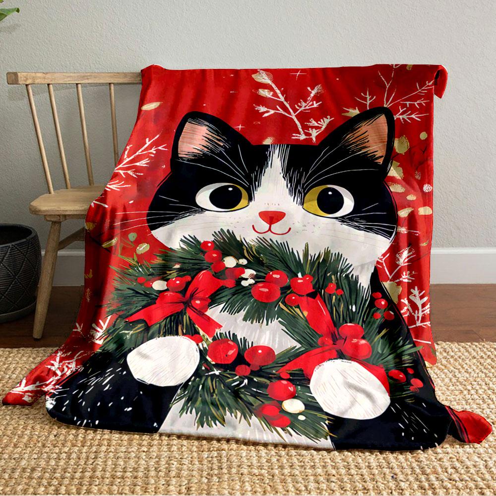 Festive Cat with Wreath for all seasons blanket lunch break throw gift