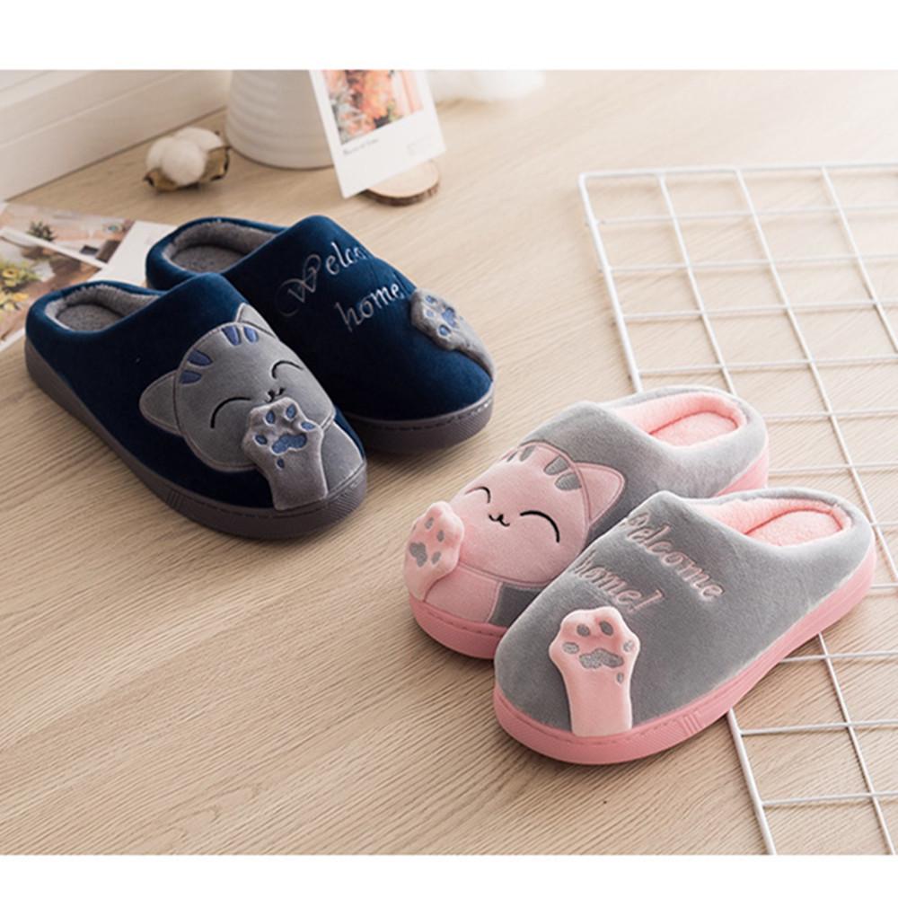 Женские зимние домашние тапочки с мультяшным котом, противоскользящие мягкие теплые плюшевые домашние тапочки для пар, напольная обувь для спальни
