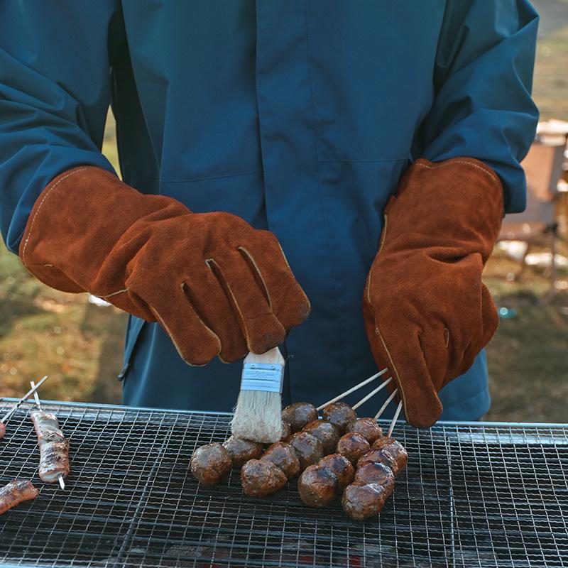 Очень длинные огнестойкие перчатки из коровьей кожи для барбекю - Термостойкие до 500°F - Защита от ожогов для выпечки, духовки, котла и гриля
