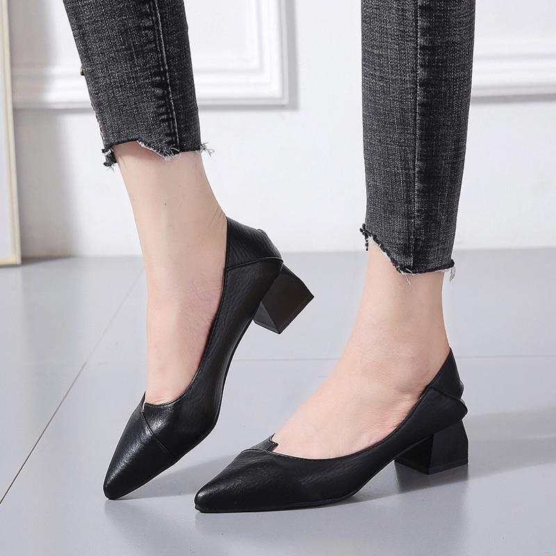 Модные туфли-лодочки Женская обувь на низком толстом каблуке с острым носком Женская обувь на платформе Мягкая кожаная обувь для офиса 2024